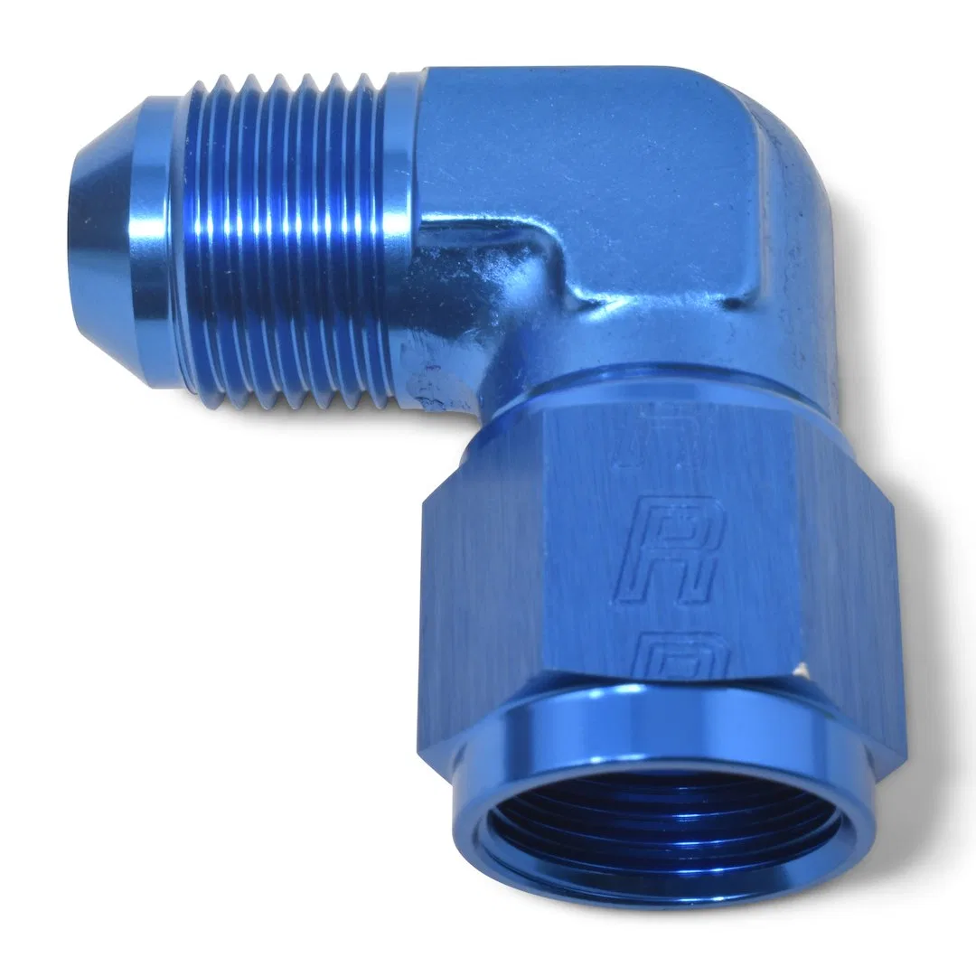 614808 – RUSSELL/EDEL Adapter Fitting, 90 Degree -8 AN Male To Female Anodized Blue Aluminum Single